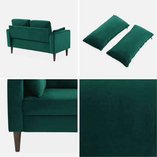Sofá veludo liso com pernas de madeira hevea, 2 lugares, Bjorn veludo, Verde inglês, 130x79x69 cm