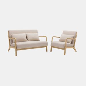 Banco de 2 lugares e poltrona em madeira com tecido bege, Lorens, Beige, 124x83x77 cm