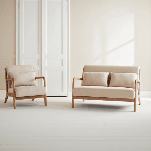 Banco de 2 lugares e poltrona em madeira com tecido bege, Lorens, Beige, 124x83x77 cm