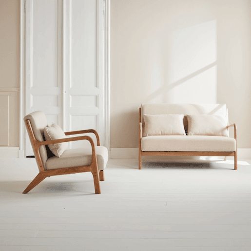 Banco de 2 lugares e poltrona em madeira com tecido bege, Lorens, Beige, 124x83x77 cm