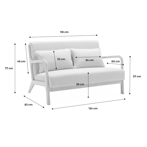 Banco de 2 lugares e poltrona em madeira com tecido bege, Lorens, Beige, 124x83x77 cm