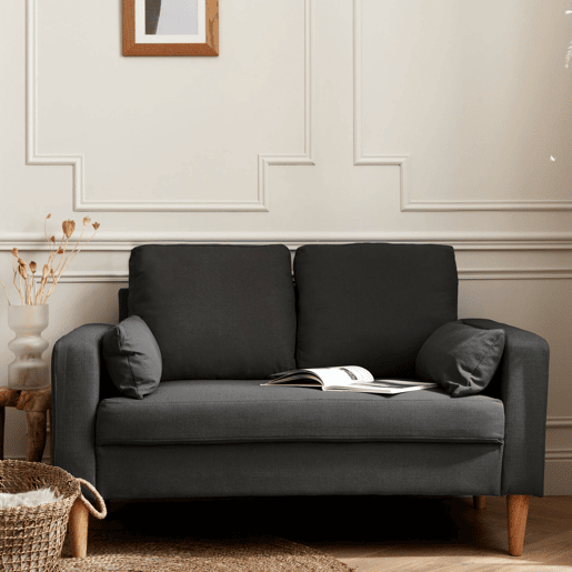 Sofá 2 lugares madeira de choupo tecido, Bjorn, Cinza escuro, 130x79x69 cm