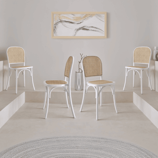 Cadeiras vintage de madeira e rattan, set de 4, Montparnasse, Branco, 44.5x48x89.5 cm