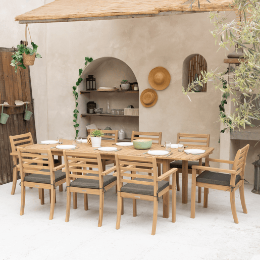Conjunto de mobiliário de jardim extensível 180240cm PADAR em madeira de acácia 8 lugares - almofadas cinzentas