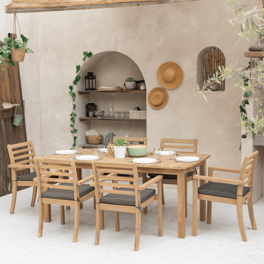 Conjunto de mobiliário de jardim extensível 180240cm PADAR em madeira de acácia 8 lugares - almofadas cinzentas