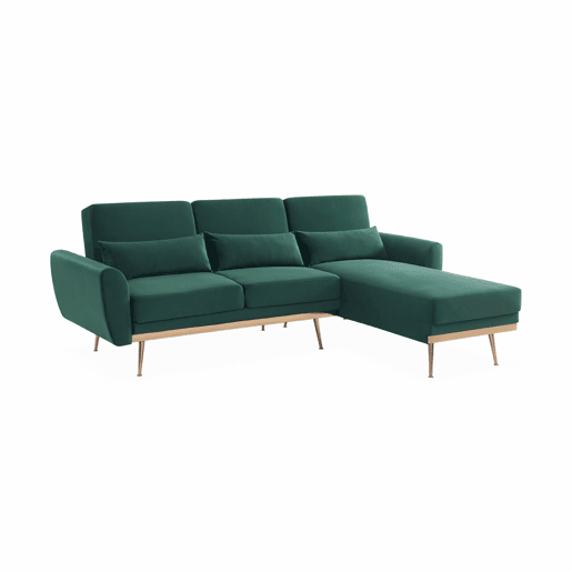 Sofá de canto conversível reversível 3 lugares veludo, Oskar, Verde, 225x160x85 cm