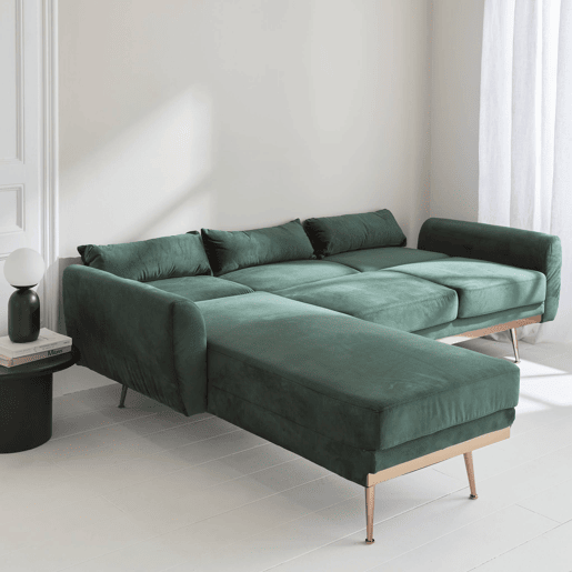 Sofá de canto conversível reversível 3 lugares veludo, Oskar, Verde, 225x160x85 cm