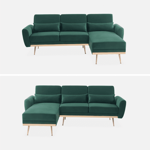 Sofá de canto conversível reversível 3 lugares veludo, Oskar, Verde, 225x160x85 cm