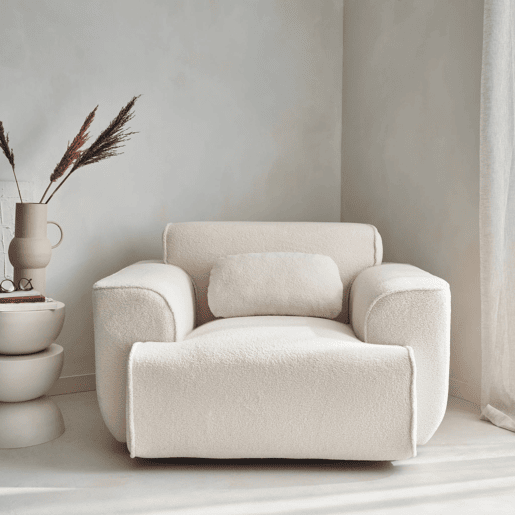 Poltrona de uma lugar em tecido boucle, Wallas boucle, Boucle branco, 116x97x73 cm