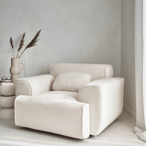 Poltrona de uma lugar em tecido boucle, Wallas boucle, Boucle branco, 116x97x73 cm