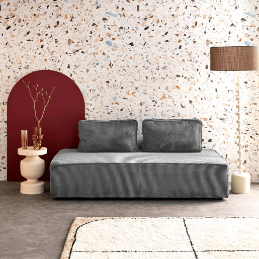 Sofá modular em tecido veludo canelado de 2 lugares, Lao, Cinza escuro, 180x90x78 cm