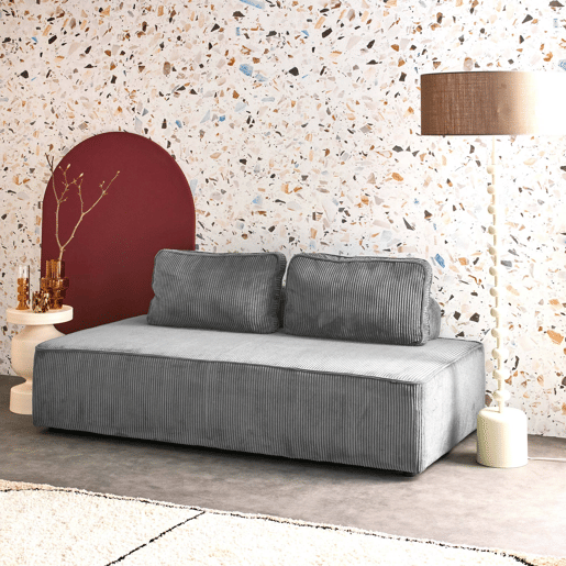 Sofá modular em tecido veludo canelado de 2 lugares, Lao, Cinza escuro, 180x90x78 cm