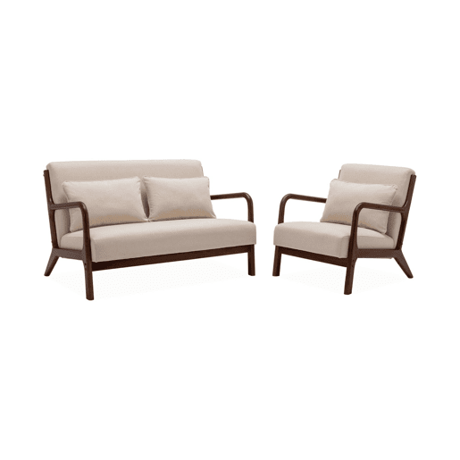 Banco 2 lugares + poltrona de madeira de hevea tingida de nogueira clara e tecido, Lorens, Beige, 124x80x79 cm