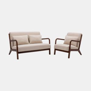 Banco 2 lugares + poltrona de madeira de hevea tingida de nogueira clara e tecido, Lorens, Beige, 124x80x79 cm