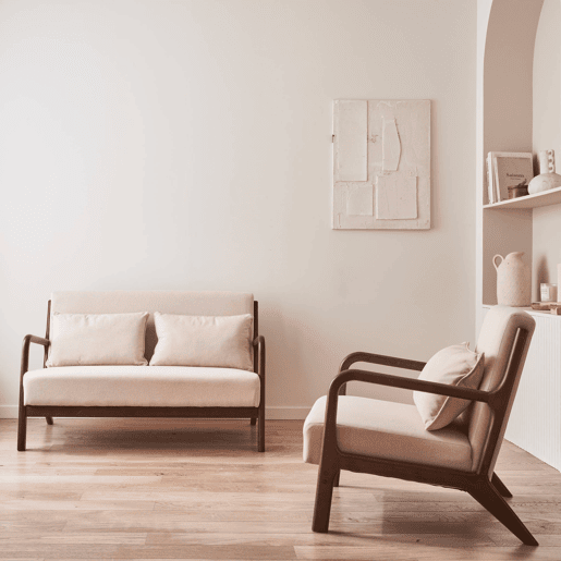 Banco 2 lugares + poltrona de madeira de hevea tingida de nogueira clara e tecido, Lorens, Beige, 124x80x79 cm