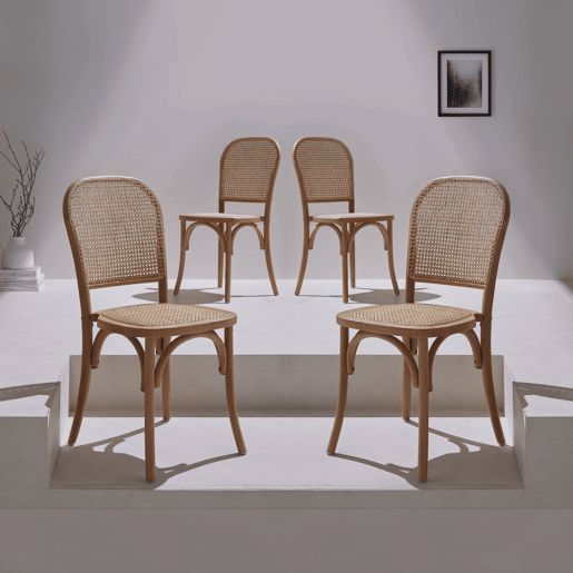 Cadeiras vintage de madeira e rattan, set de 4, Montparnasse, Castanho, 44.5x48x89.5 cm