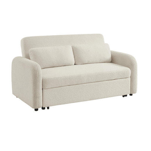 Sofá-cama conversível em tecido boucle arredondado 2 lugares, Lino boucle, Creme, 170x90x88 cm