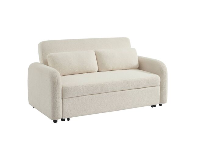 Sofá cama convertible redondeado de 2 plazas bouclette, Lino, Crema, 170x90x88 cm