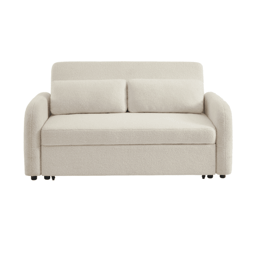 Sofá-cama conversível em tecido boucle arredondado 2 lugares, Lino boucle, Creme, 170x90x88 cm