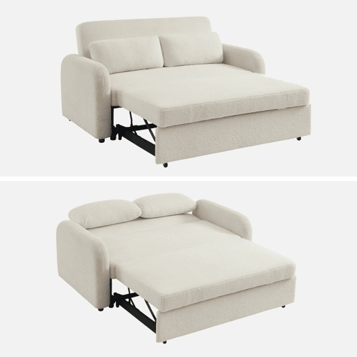 Sofá-cama conversível em tecido boucle arredondado 2 lugares, Lino boucle, Creme, 170x90x88 cm