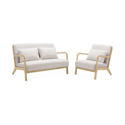 Banco de 2 lugares + poltrona em madeira e tecido boucle, Lorens, Boucle branco, 124x83x77 cm