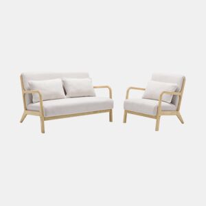 Banco de 2 lugares + poltrona em madeira e tecido boucle, Lorens, Boucle branco, 124x83x77 cm