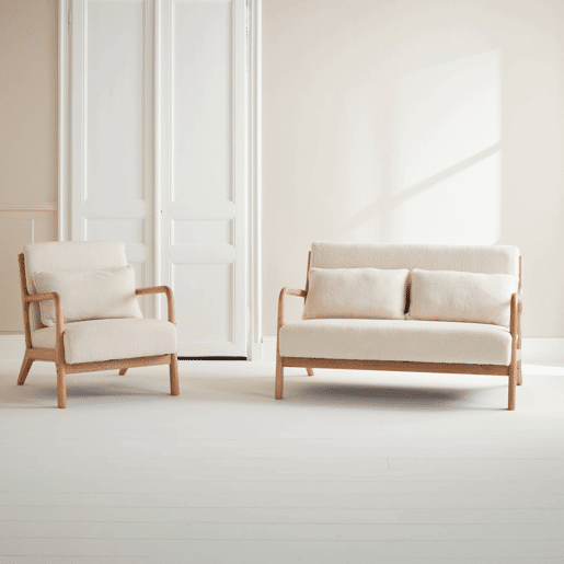 Banco de 2 lugares + poltrona em madeira e tecido boucle, Lorens, Boucle branco, 124x83x77 cm
