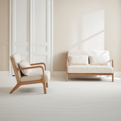 Banco de 2 lugares + poltrona em madeira e tecido boucle, Lorens, Boucle branco, 124x83x77 cm
