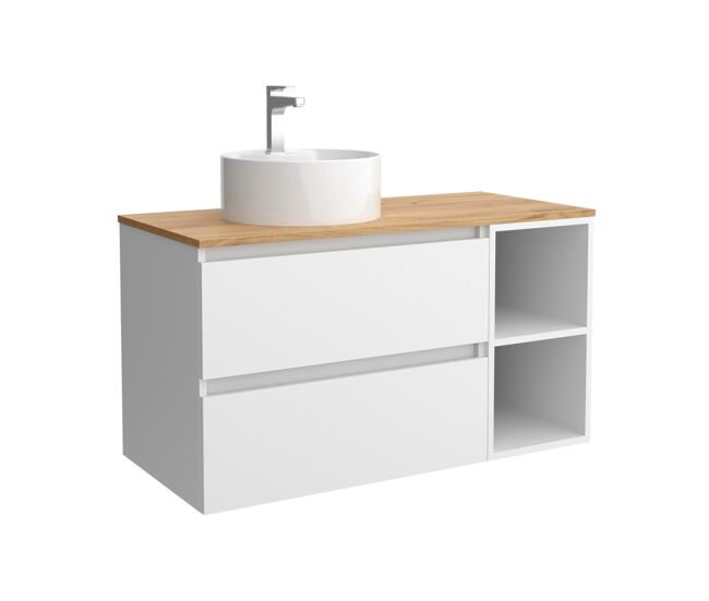 Mueble de baño bequia 90cm + coqueta 2 huecos lado reversible + encimera + lavabo posar| blanco mate |90x45x54