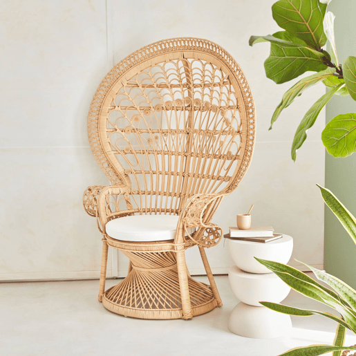 Cadeira vintage de vime, Mahe, Natural, 110x60x150 cm
