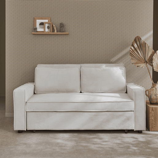 Sofá-cama conversível em veludo caneladode 3 lugares, Chill veludo canelado, Creme, 172.5x91.5x88.5 cm