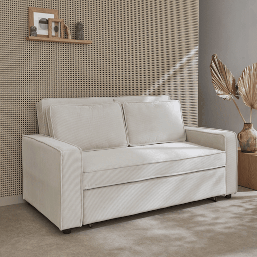 Sofá-cama conversível em veludo caneladode 3 lugares, Chill veludo canelado, Creme, 172.5x91.5x88.5 cm
