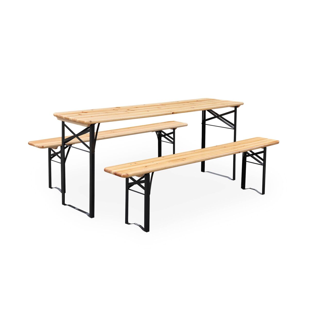 Mesa de madera y 2 bancos plegables para 6 personas natural - 177x49.5x75.5 cm