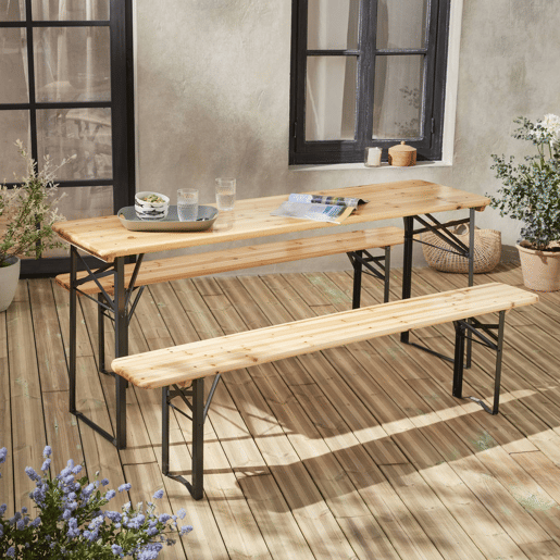 Mesa de madeira + 2 bancos rebatíveis, 6 pessoas, Bayonne, Natural, 177x49.5x75.5 cm