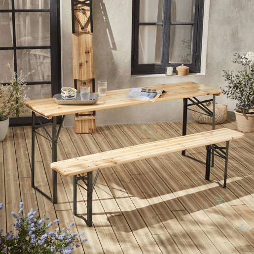 Mesa de madeira + 2 bancos rebatíveis, 6 pessoas, Bayonne, Natural, 177x49.5x75.5 cm