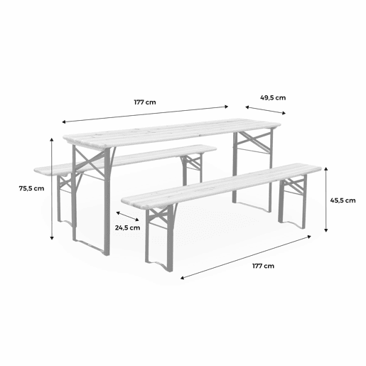 Mesa de madeira + 2 bancos rebatíveis, 6 pessoas, Bayonne, Natural, 177x49.5x75.5 cm