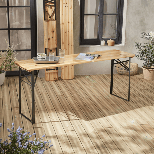 Mesa de madeira + 2 bancos rebatíveis, 6 pessoas, Bayonne, Natural, 177x49.5x75.5 cm