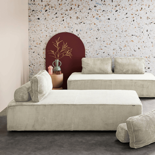 Sofá modular em tecido veludo canelado de 4 lugares, Lao, Creme, 180x90x78 cm