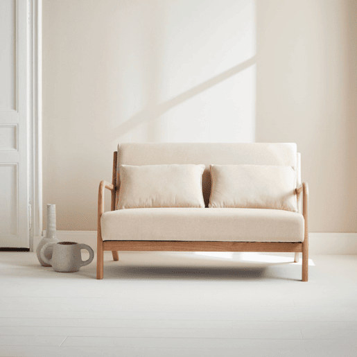 Banco de design em madeira e tecido, Lorens, Beige, 124x83x77 cm
