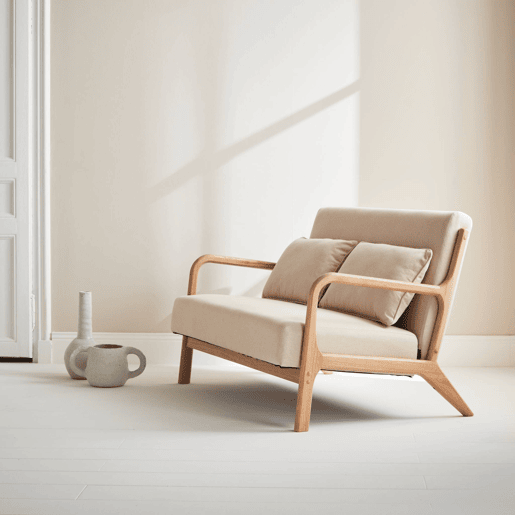 Banco de design em madeira e tecido, Lorens, Beige, 124x83x77 cm