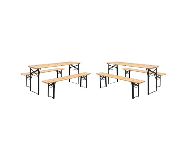 Mesa de recepción plegable de madera de pino con 2 bancos (juego de 2), bayonne, natural, 177x49,5x75,5 cm