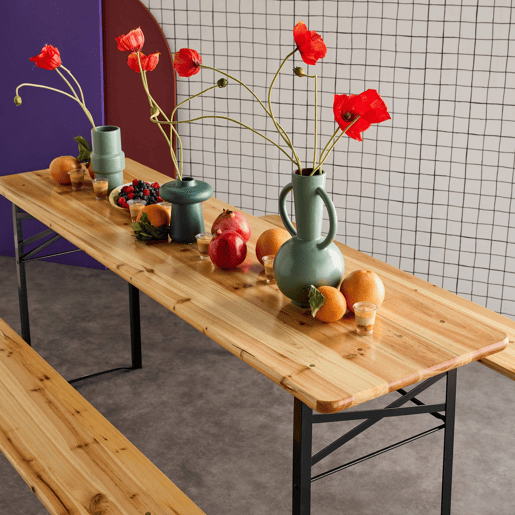 Mesa de recepção dobrável em madeira de pinho 2 bancos (conjunto de 2), Bayonne, Natural, 177x49.5x75.5 cm