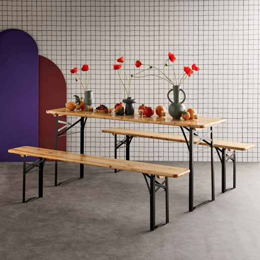 Mesa de recepção dobrável em madeira de pinho 2 bancos (conjunto de 2), Bayonne, Natural, 177x49.5x75.5 cm
