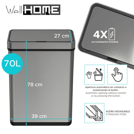 Lixeira com sensor automático Well Home e filtro de odores Lixeira com sensor automático Well Home e filtro de odores