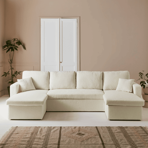Sofá panorâmico conversível 4 lugares bouclette, Urban boucle, Creme, 281x142x86 cm