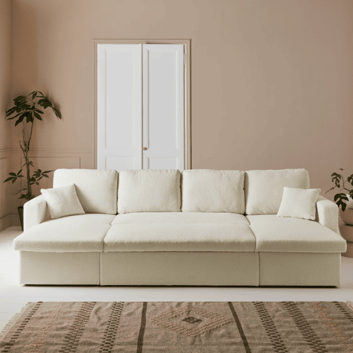 Sofá panorâmico conversível 4 lugares bouclette, Urban boucle, Creme, 281x142x86 cm