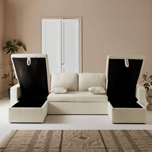 Sofá panorâmico conversível 4 lugares bouclette, Urban boucle, Creme, 281x142x86 cm