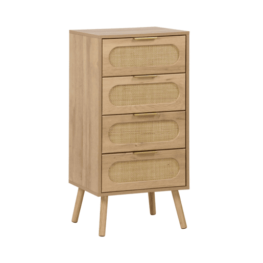 Cômoda alta decorada madeira e vime, 4 gavetas, Eva, Natural, 48x39.5x96 cm