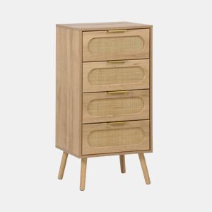 Cômoda alta decorada madeira e vime, 4 gavetas, Eva, Natural, 48x39.5x96 cm