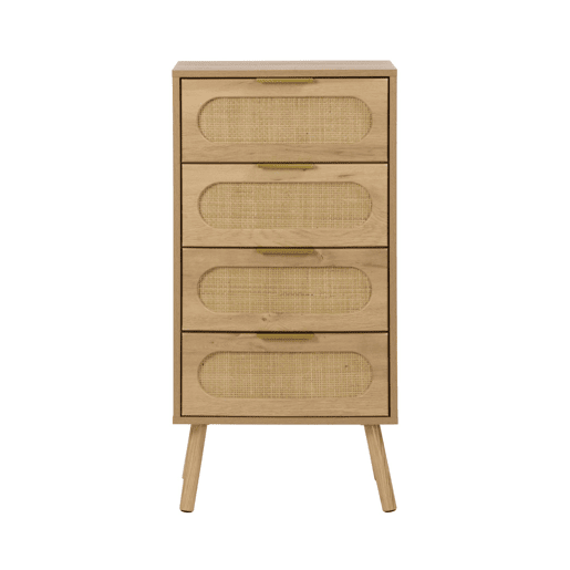 Cômoda alta decorada madeira e vime, 4 gavetas, Eva, Natural, 48x39.5x96 cm
